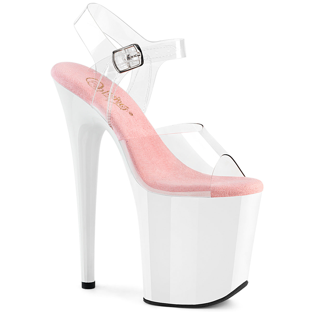 Chaussures de poledance de marque Pleaser. Le modèle est Flamingo 808 rose et blanc avec un talon de hauteur 8 pouces.