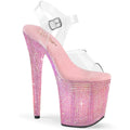 Chaussures de poledance de marque Pleaser. Le modèle est Bejeweled 808RRS rose à strass avec un talon de hauteur 8 pouces.