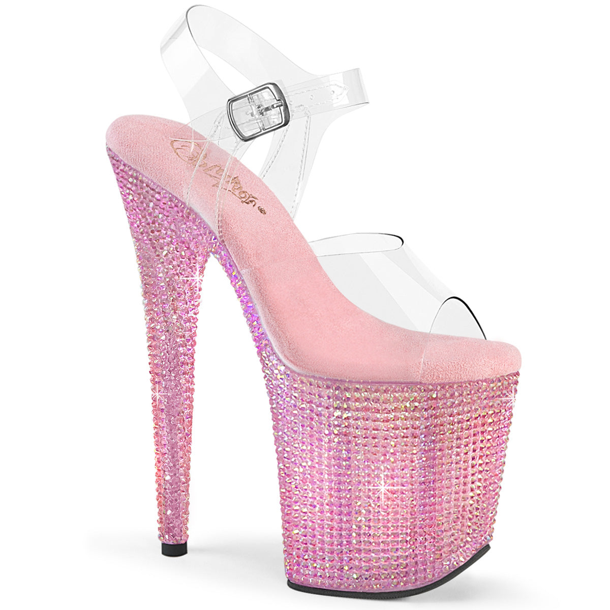 Chaussures de poledance de marque Pleaser. Le modèle est Bejeweled 808RRS rose à strass avec un talon de hauteur 8 pouces.