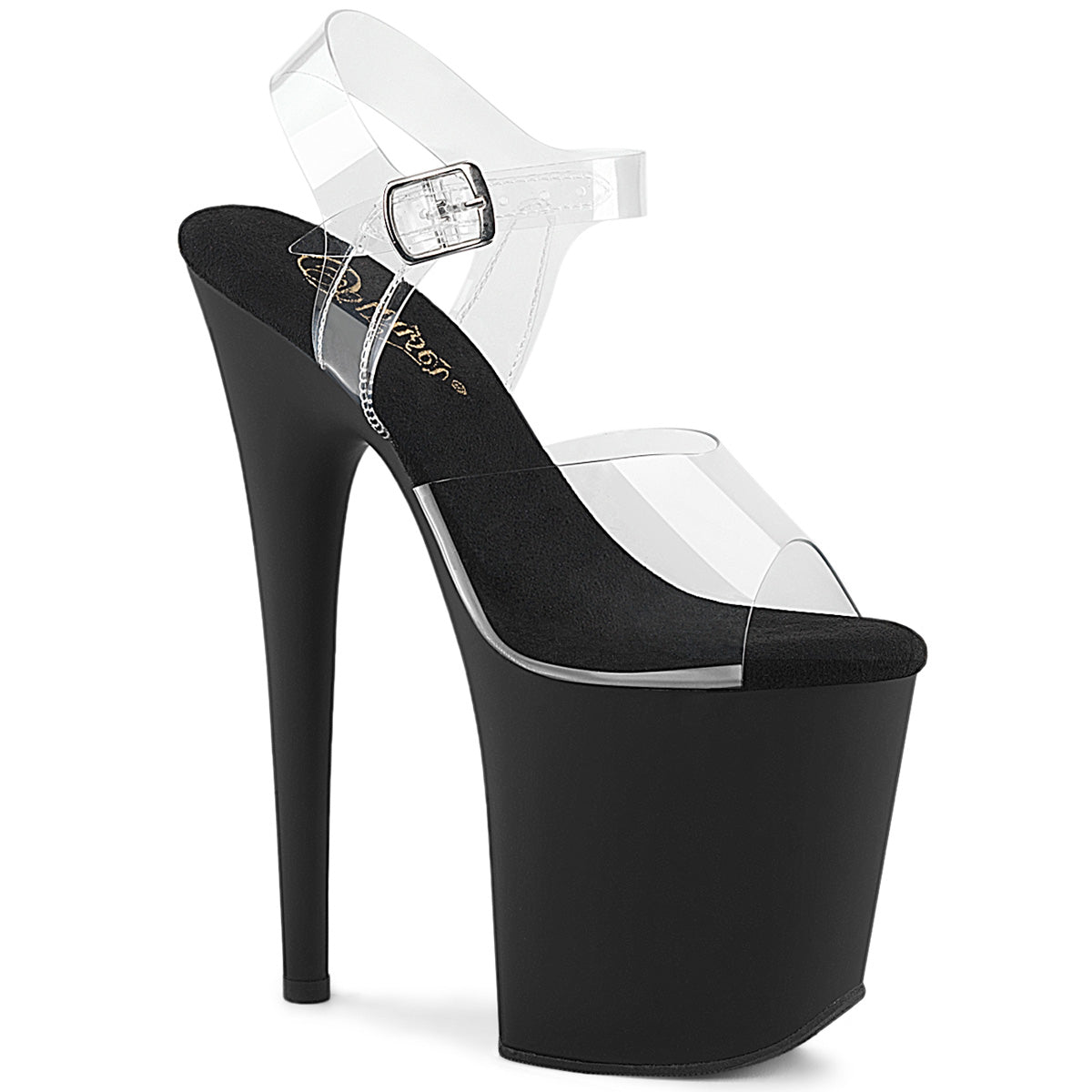 Chaussures de poledance de marque Pleaser. Le modèle est Flamingo 808 noir avec un talon de hauteur 8 pouces.