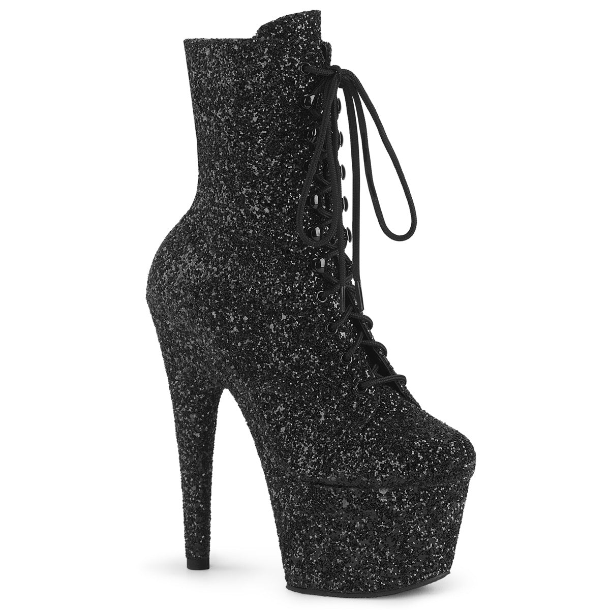 Chaussures de poledance de marque Pleaser. Le modèle est Adore 1020 Opal noires avec des paillettes avec un talon de hauteur 7 pouces.