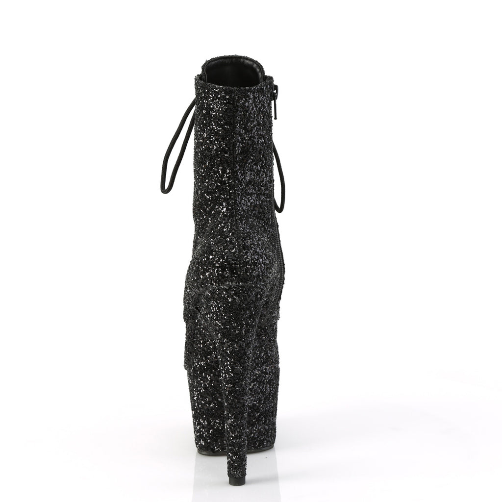 Chaussures de poledance de marque Pleaser. Le modèle est Adore 1020 Opal noires avec des paillettes avec un talon de hauteur 7 pouces.