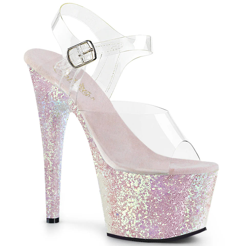 Chaussures de poledance de marque Pleaser. Le modèle est Adore 708 Opal paillettes rosées et dorées avec un talon de hauteur 7 pouces.