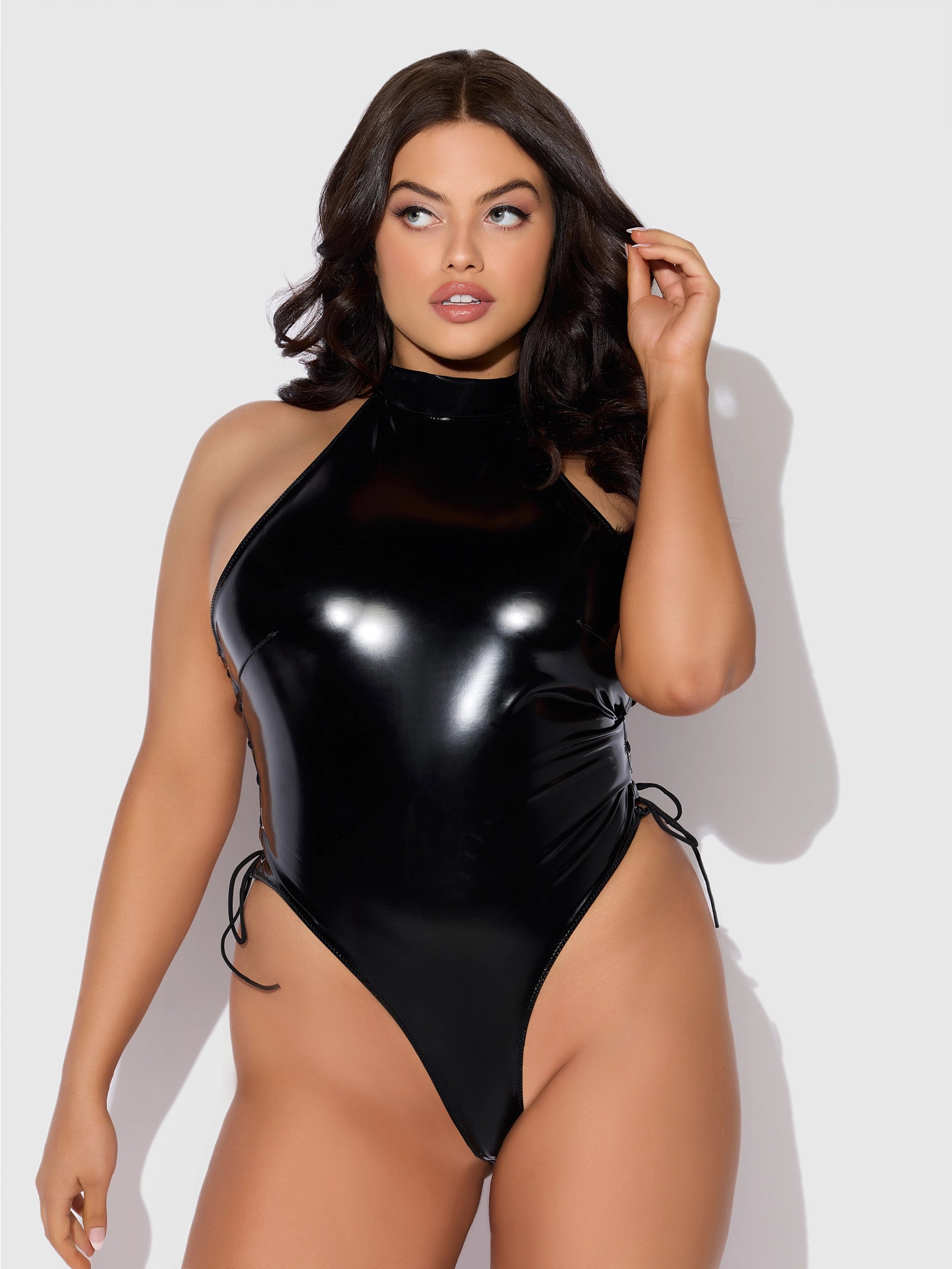 House of Desire Trinity black vinyl bodysuit for pole dance