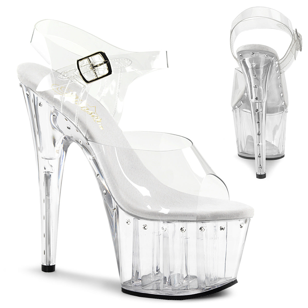 Pleaser Adore 708 LS Line Rhinestone sandales pole dance plateforme transparente straes