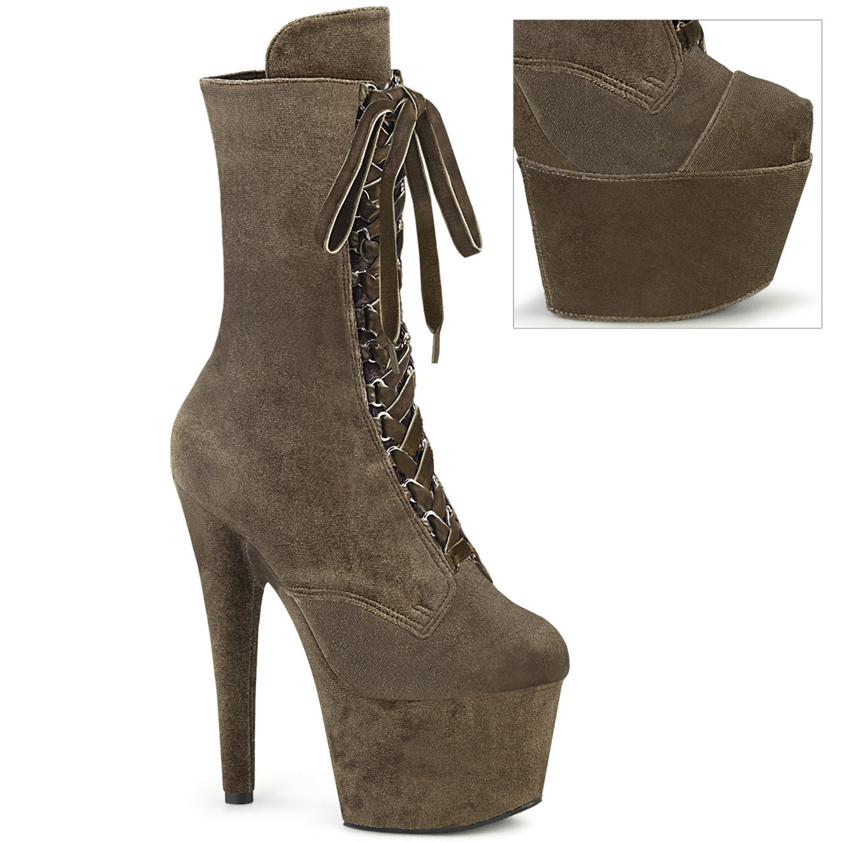Pleaser - Adore 1045VEL - Khaki Velvet - 7 inch