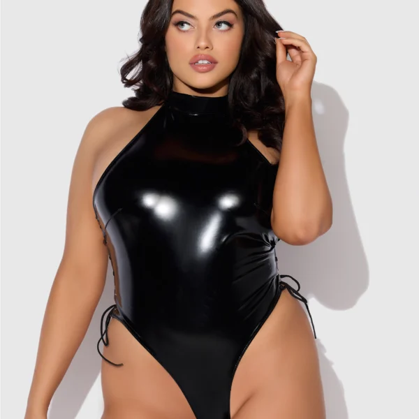 House of Desire Trinity black vinyl bodysuit for pole dance